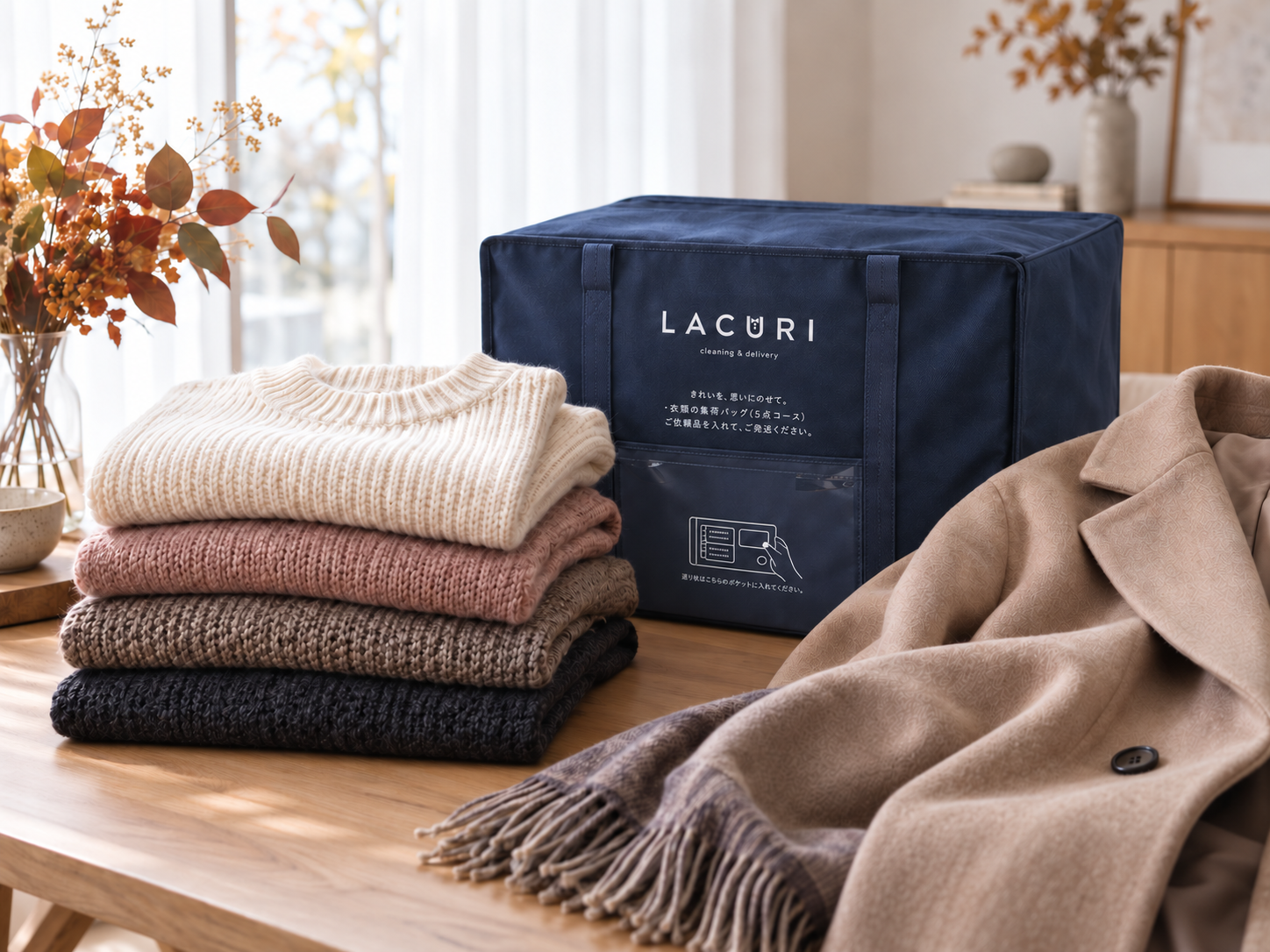 秋冬衣類とLACURIの集荷バッグ